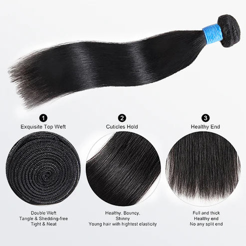3 - Straight Hair Bundles (11A Premium Brazilian) plus 1 - HD Lace Closure (4.5 x 4.5)