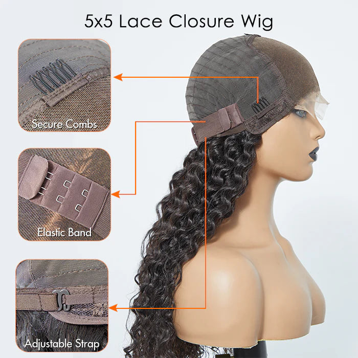 5x5 Glueless Lace Closure Wig 180% Density Deep Wave 18-32