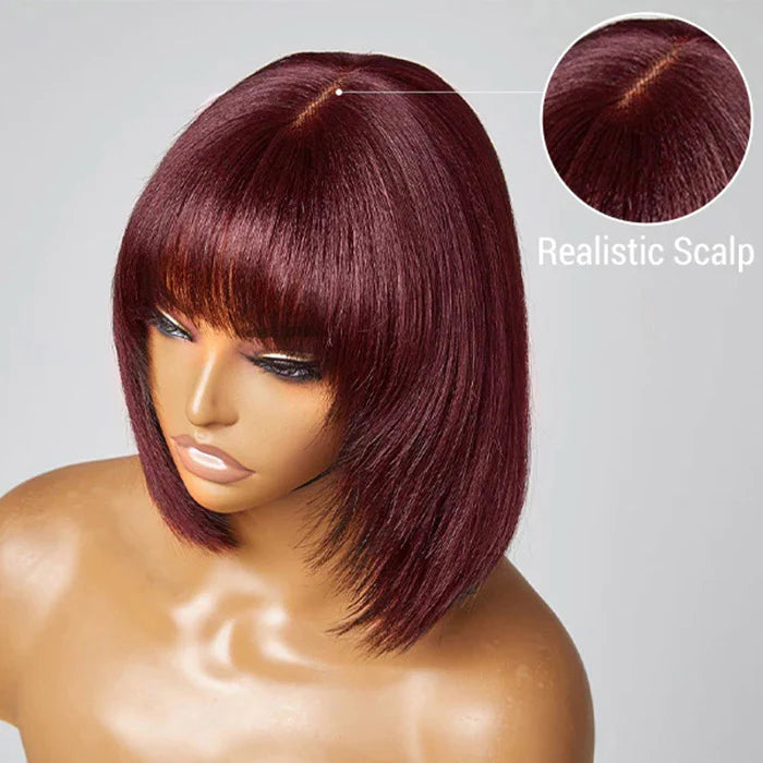 Reddish Purple Layered Cut Yaki Straight #99J Lace Bob Wig With Bangs