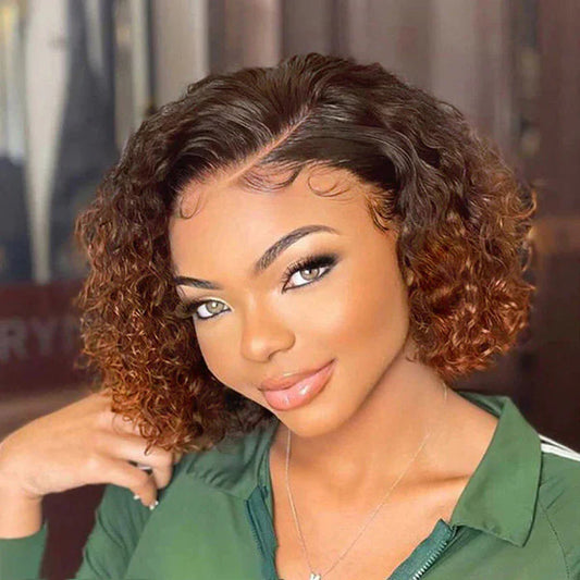 MOWEAVE - 10 Inches Trendy Mix Brown Short Cut Curly HD Lace Glueless Side Part Wig
