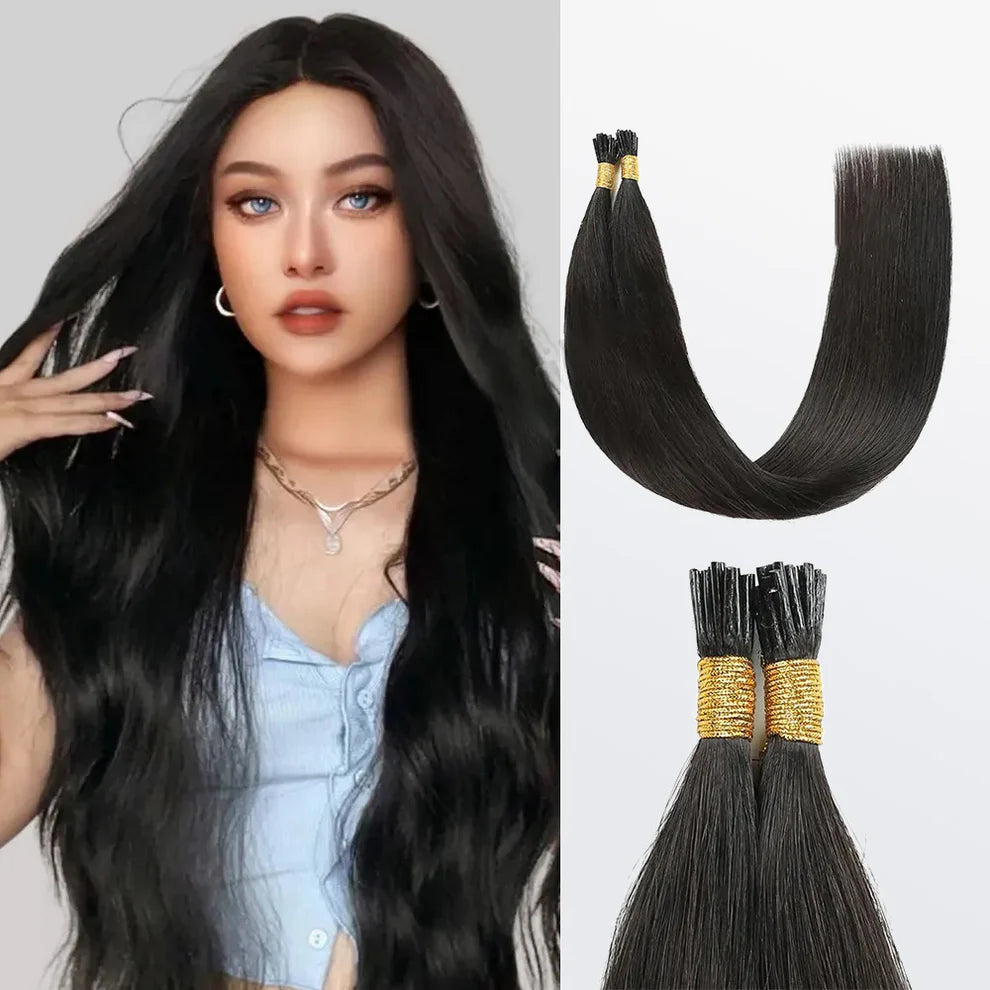 I - Tip Hair Extensions Straight Natural Remy Human Hair (#1B Natural Black)