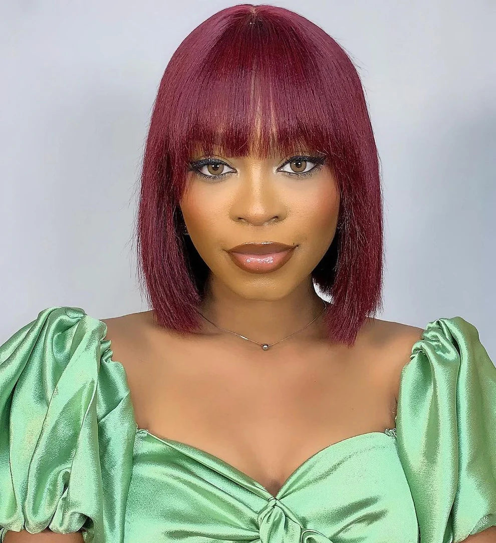 Reddish Purple Layered Cut Yaki Straight #99J Lace Bob Wig With Bangs