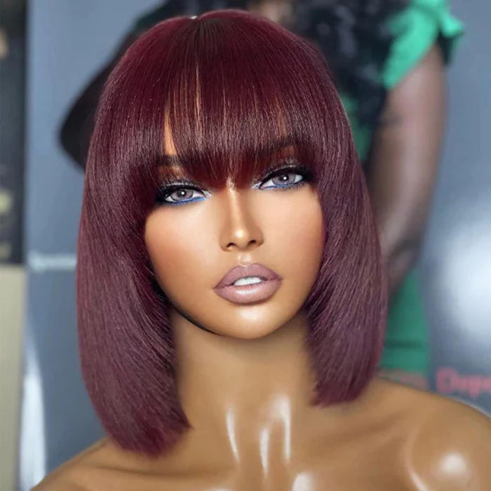 Reddish Purple Layered Cut Yaki Straight #99J Lace Bob Wig With Bangs