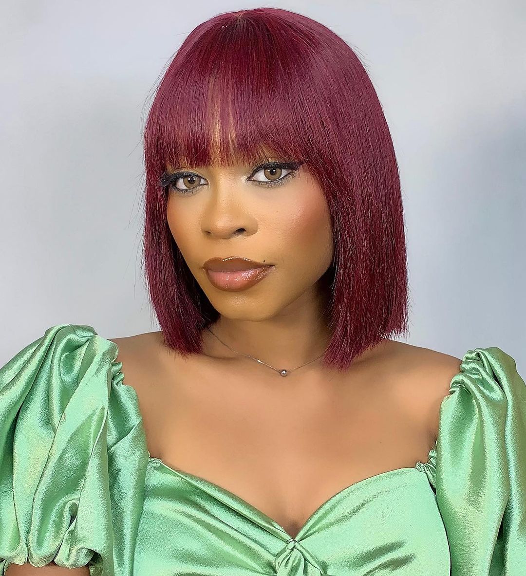 Reddish Purple Layered Cut Yaki Straight #99J Lace Bob Wig With Bangs