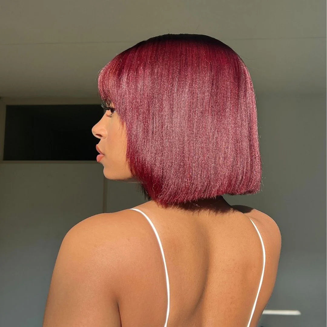 Reddish Purple Layered Cut Yaki Straight #99J Lace Bob Wig With Bangs