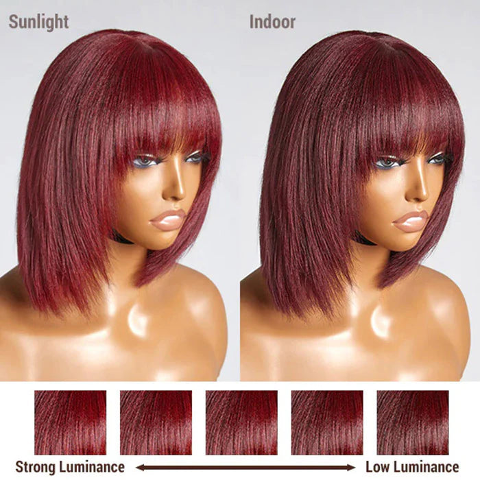 Reddish Purple Layered Cut Yaki Straight #99J Lace Bob Wig With Bangs