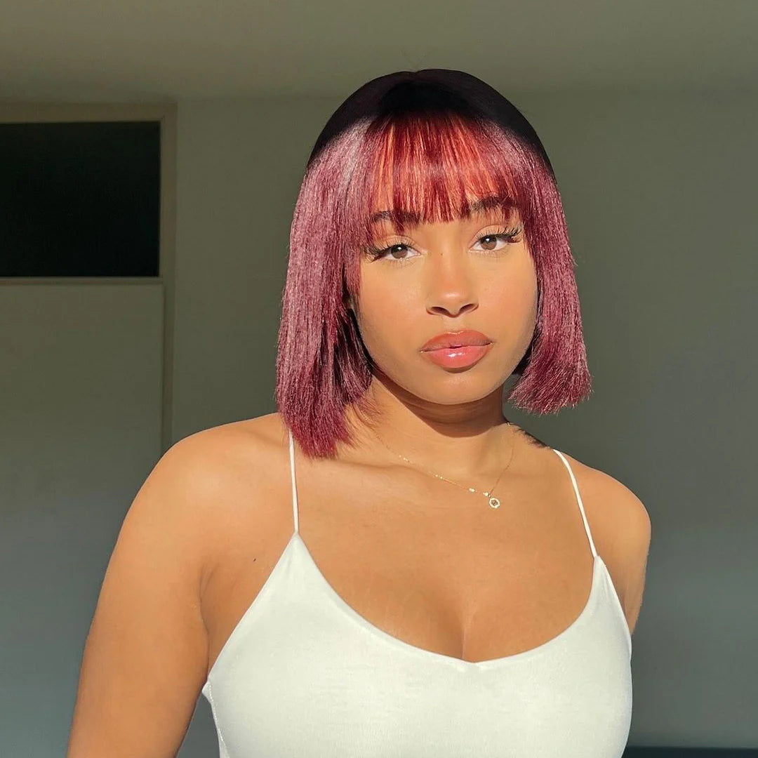 Reddish Purple Layered Cut Yaki Straight #99J Lace Bob Wig With Bangs