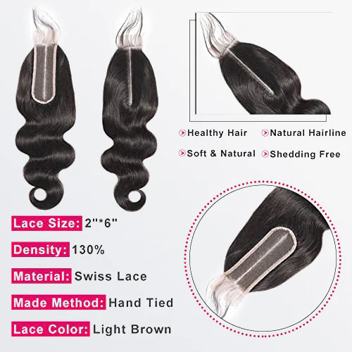 HD Lace Hair Closure - Body Wave - 2" x 6" inches HD Lace Closure #1B Natural Black