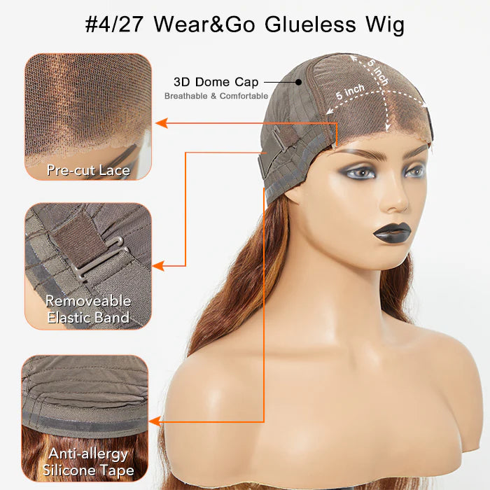 Glueless Kay      Lace Wig - 5"x5" Body Wavy Wear & Go Glueless #4/27 Lace Closure Wig-100% Human Hair - 24 Inches Body Wavy Wear & Lace Closure Wig-100% Human Hair