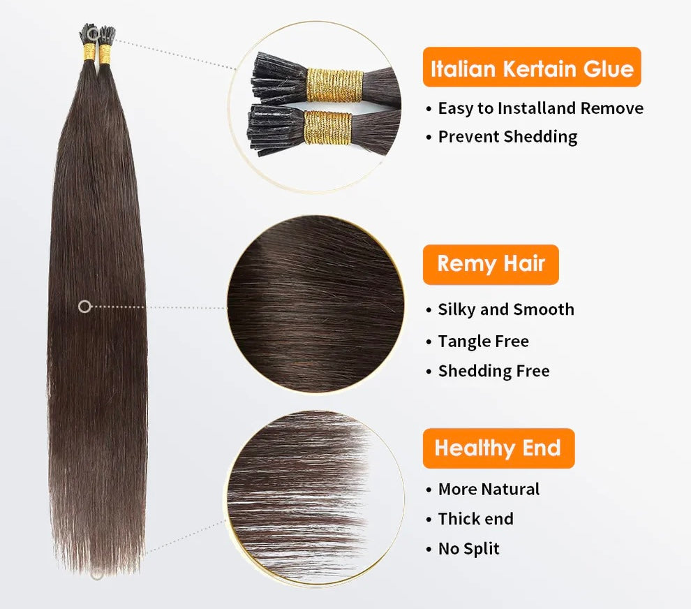I Tip Hair Extensions Straight Natural Remy Human Hair (#2 Darkest Brown )