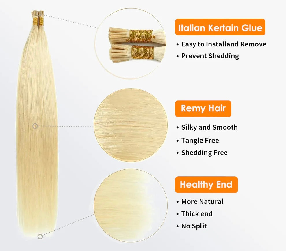 I - Tip Hair Extensions Natural Remy Human Hair (#613 Lightest Blonde )